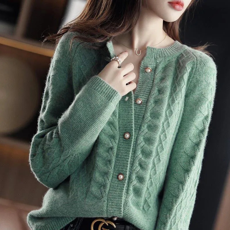 Wool Coat Peacoat - Damski sweter rozpinany vintage, dziergany, nowy