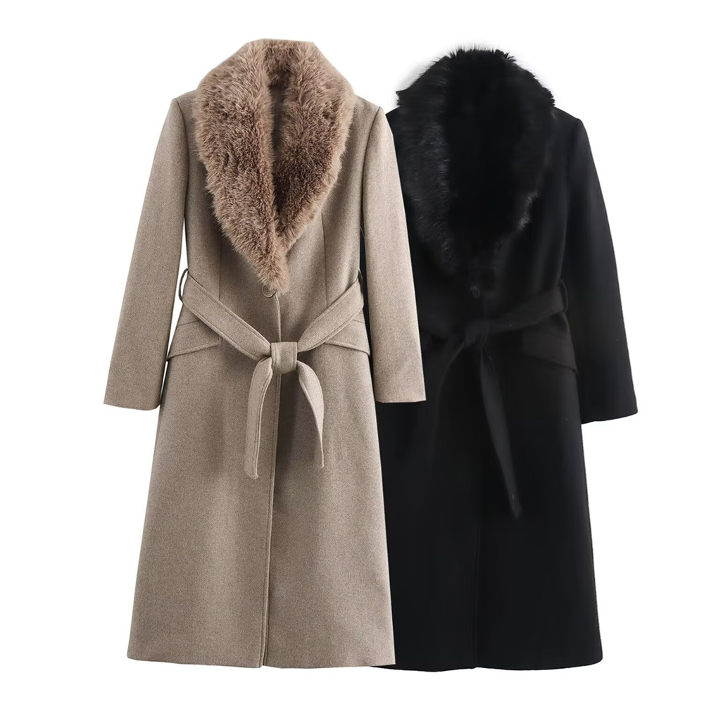 Wool Coat Peacoat - Damski płaszcz z ciepłym futrzanym kołnierzem,