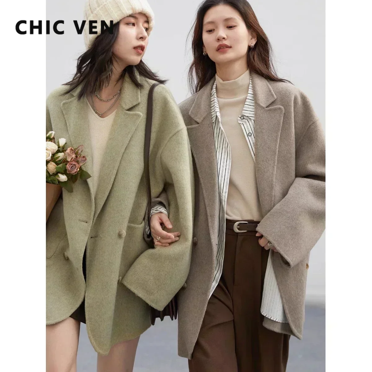 Wool Coat Peacoat - CHIC VEN Damskie płaszcze wełniane Luźne,
