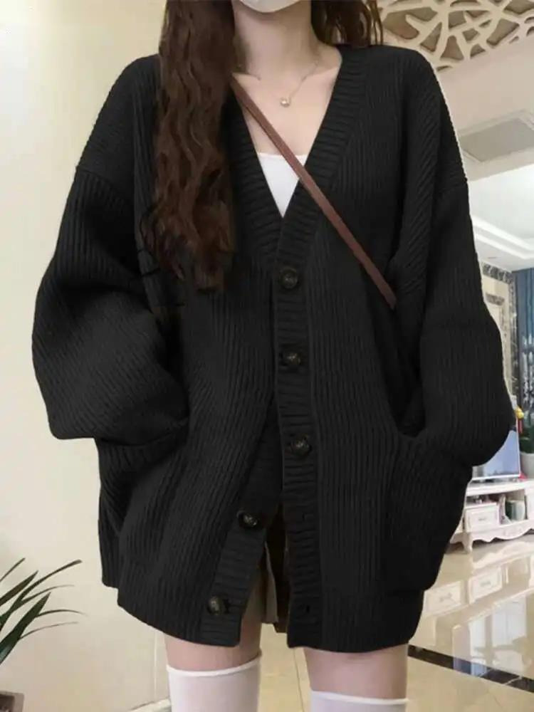 Wool Coat Peacoat - Luźny Kardigan Damski Długi Rękaw Dekolt