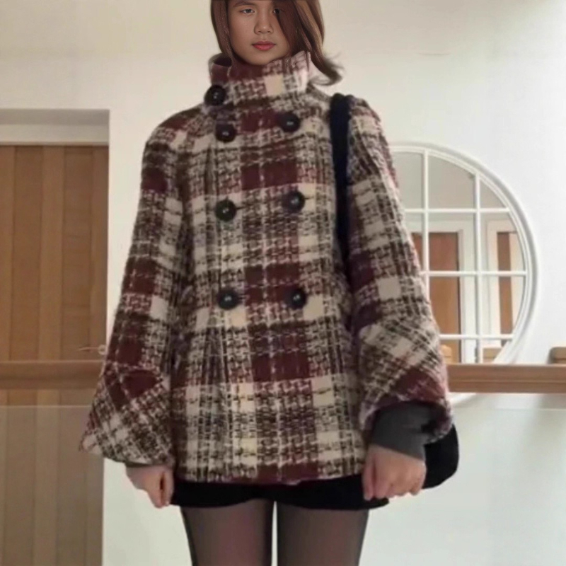 Wool Coat Peacoat - Ciepły, krataowany płaszcz z golfem, prosty
